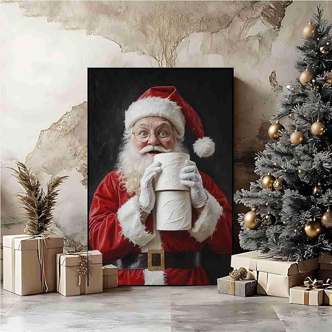 Santa Claus Canvas Print Santa with Toilet Paper Humorous Holiday Poster Holiday Evergreen Art Rural Art print Christmas Bathroom Canvas Painting Indoor Decor for Home Bathroom Framed Ready to Hang