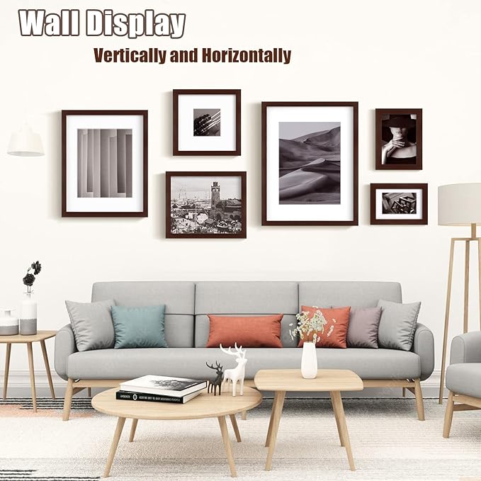 Egofine 11x14 Picture Frames Made of Solid Wood with Plexiglass, Display Pictures 5x7/8x10 with Mat or 11x14 Without Mat Set of 4 for Tabletop and Wall Mounting, Walnut Color