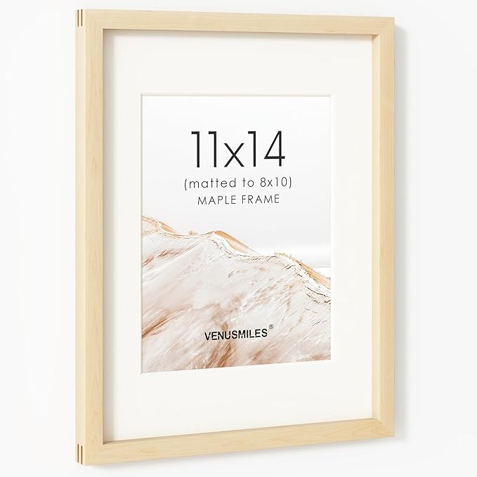11x14 Picture Frame, USA-Sourced Natural Maple Wood Photo Collage Frame with HD Tempered Glass, Modern Simple 11 x 14 Wooden Frame Matted to 8x10, Vertical & Horizontal Wall Hanging Display