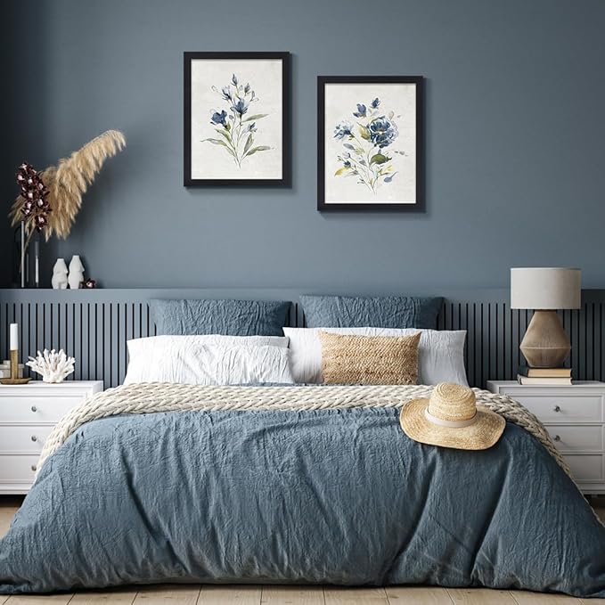 JOWOROLO Botanical Prints Wildflower Prints Blue Floral Wall Art - Set of 2-12x16 -Framed