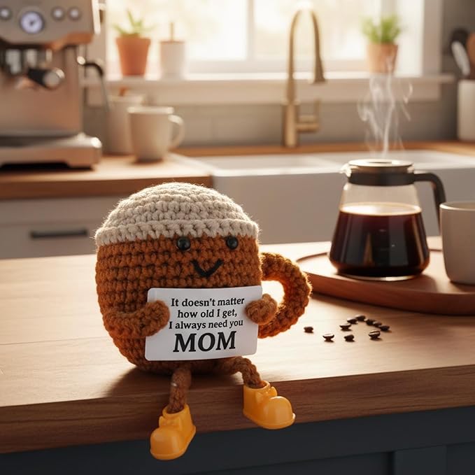 Christmas Birthday Gifts for Mom from Daughter Son Kids, Mothers Day Crochet Coffee Lover Gifts, Cute Funny Small Handmade Presents Meaningful Desk Decor