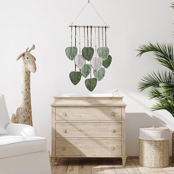 LB Macrame Wall Hanging Decor, Boho Chic Feather Wall Decor Macrame Photo Wall Hanging Handmade Yarn Woven Wall Art Green Leaf Tapestry for Bedroom Living Room Nursery Office Backdrop, 16x35 Inch