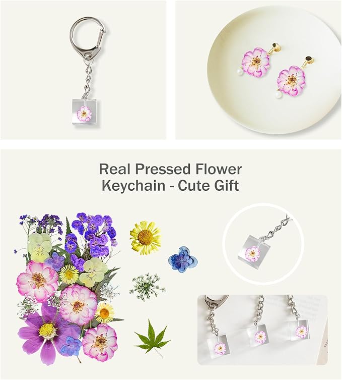 100 Pcs Dried Flowers for Crafts – Real Natural Pressed Flowers & Leaves with Tweezers for Resin, Jewelry, Scrapbooking, Candle & DIY Art