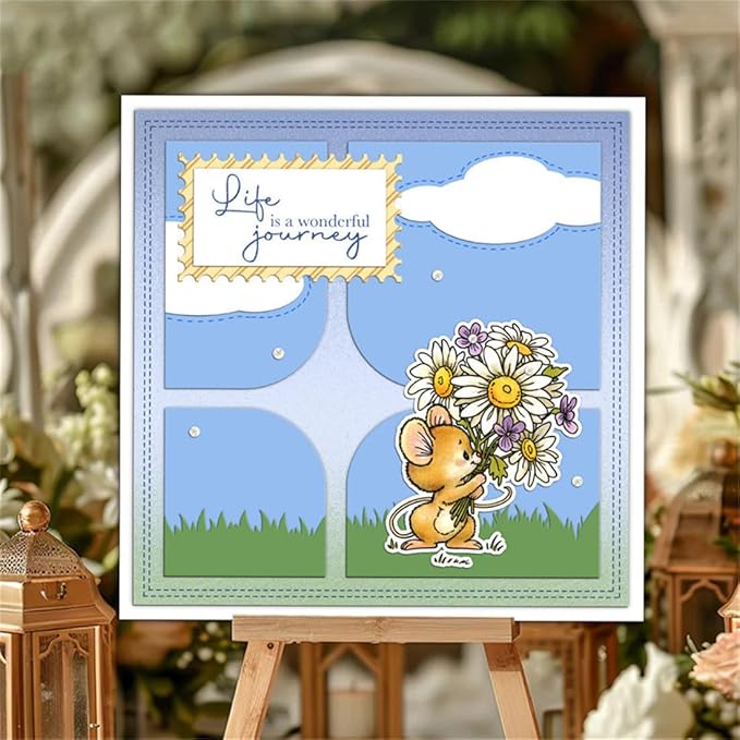 Mouse Holding Flowers Stamps and Cutting Dies for Card Making DIY Transparent Silicone Clear Stamp and Metal Die Cuts Sets for Scrapbooking Paper Greeting Cards Decor Seals Craft Supplies