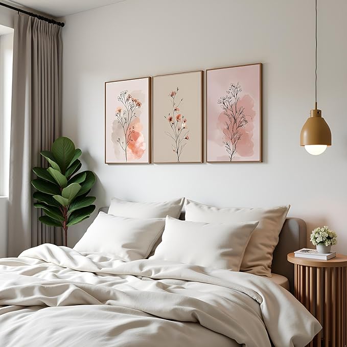 okudolit Boho Vintage Flower Wall Art Set of 3 Minimalist Floral Botanical Prints Rustic Wildflower Wall Decor Beige and Pink Neutral Plant Painting for Living Room Bedroom Office-16x24in