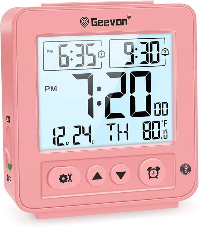 Geevon Smart Night Light Small Digital Alarm Clock with 2 Increasing Beep Alarm, Indoor Temperature, Battery Operated Travel Clock for Bedroom, Bedside, Desk(Pink)