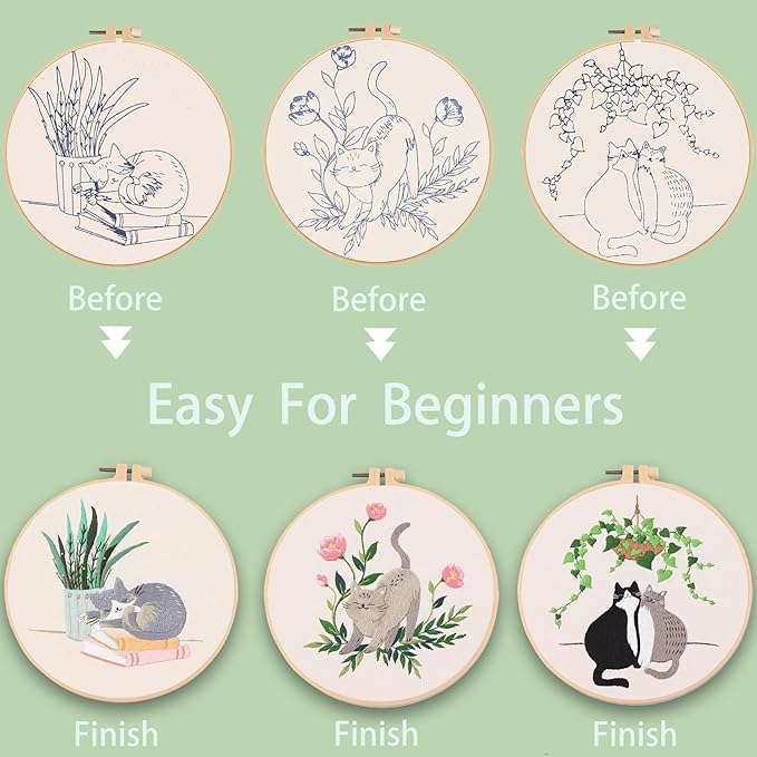 Ohcol 3 Sets Cat Embroidery Kit,Needlepoint Kits for Adults Beginner,Needle Point Sets with Washable Pre-Printed Pattern,1 Hoop,Women Hand Crafts