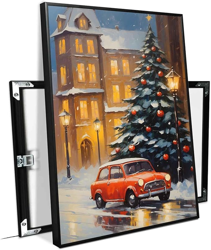 Framed Canvas Wall Art Snowy Christmas tree and red car art print Christmas in the city classic timeless red car snow cosy winters day 20x30in Metal blackFramed