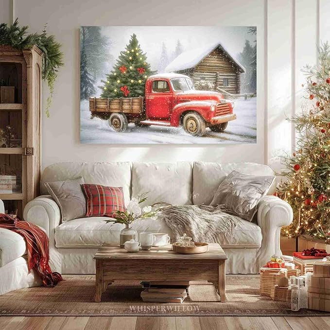 Red Truck Christmas Tree Vintage Holiday Wall Art Winter Snow Scene Poster Nostalgic Truck Canvas Print Indoor Decor for Home Living Room Bedroom Office Dining Room Farmhouse Framed Ready to Hang
