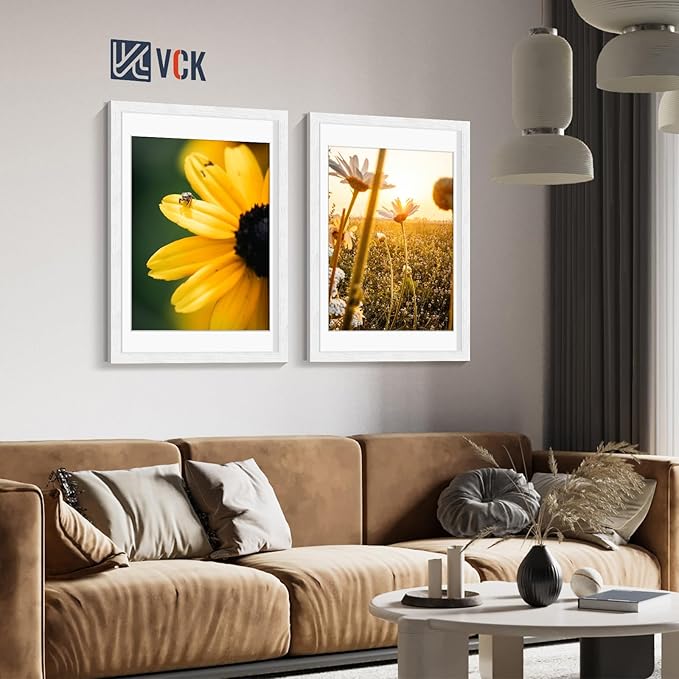 VCK 18x24 Frames White Set of 5, Wide Border Wood, Display 16x20 Picture Photo with Mat or 18 x 24 without, for Home, Office, Gallery, Woodgrain Series, Wall Hanging