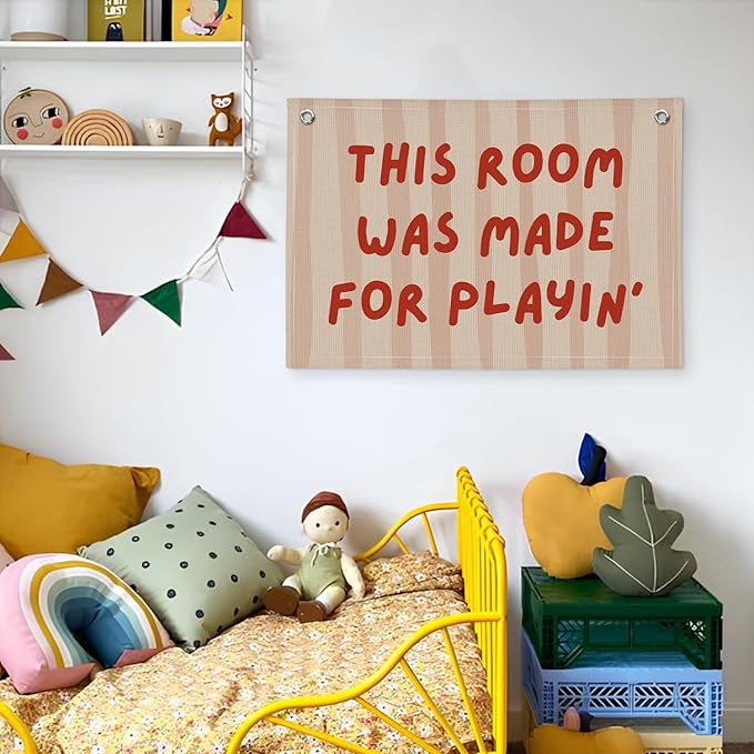 Playroom Decor Wall Banner "This Room Was Made For Playin'" 20x30 Inch - Nursery Canvas Art, Kids Bedroom Hanging, Linen Toddler Play Area Sign, Children's Canvas Flag Decor
