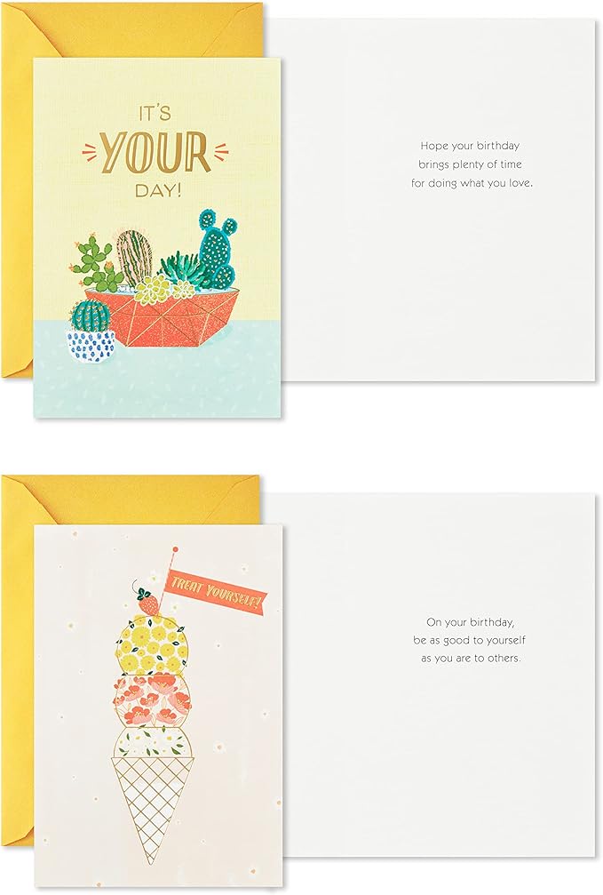 Hallmark Birthday Cards Assortment, 16 Cards with Envelopes (Bicycle, Cactus, French Bulldog, Ice Cream)