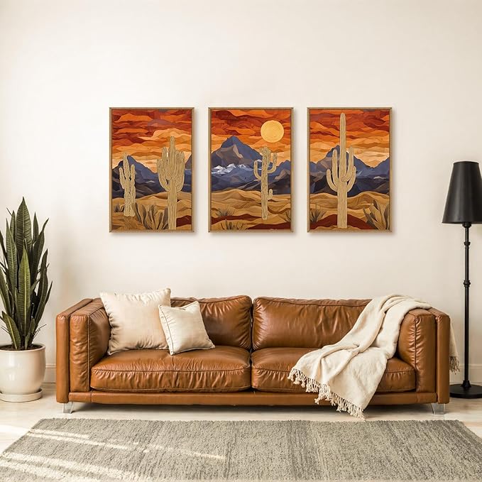 HPNIUB Mountains Desert Framed Canvas Wall Art Set, Abstract Sun Art Prints, Modern Cactus Paintings Artwork, Mid Century Southwestern Landscape Wall Decor for Living Room, Bedroom, Office-16 x24 x3
