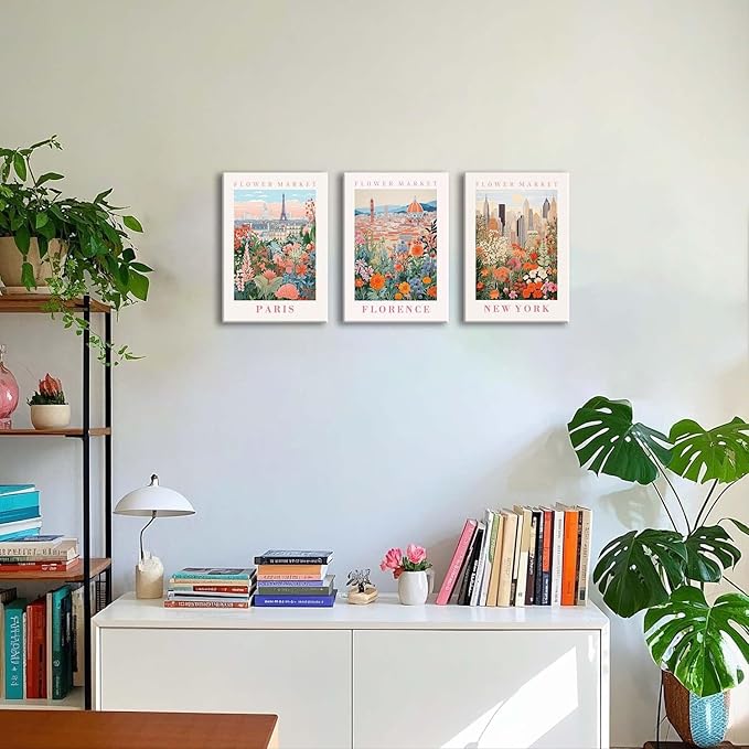 XLARTMY Flower Market Wall Art Prints Canvas Orange and Pink Floral Paintings Colorful Botanical Travel Flower Posters for Home Decor Pictures Set of 3 for Living Room Bedroom 12x16in