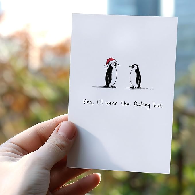 (5.3x8in) Fine I’ll Wear the Hat Funny Penguin Christmas Card with Envelope, Hilarious Adult Holiday Greeting with Swearing Humor, Sarcastic Xmas Card for Friends, Coworkers, Couples (Xmas 36)