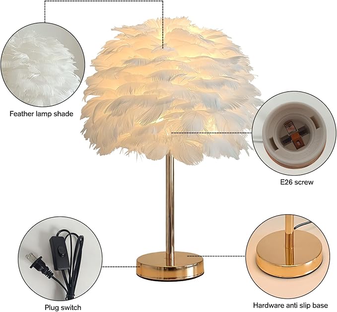 ZYLEIESENBAO Chic White Feather Lamp Creative Feather Bedside Lamp Cute Furry Nightstand Light Gold Stand Fluffy Table Lamp Atmosphere for Girl Bedroom Living Room Entry Hotel Wedding Gift