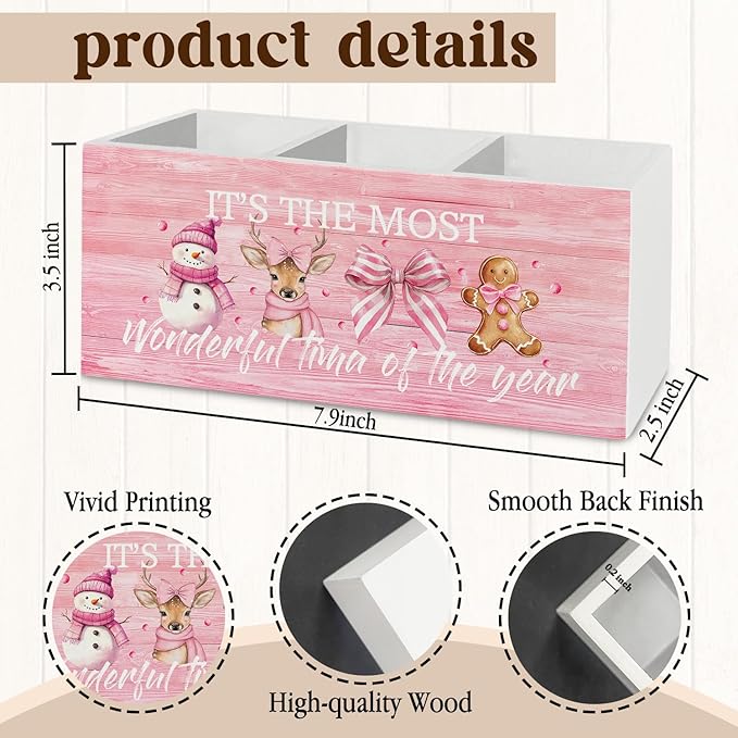 Pink Christmas Pen Pencil Holder Organizer for Desk Accessories, Preppy Coquette Bow Snowman Reindeer Gingerbread Wooden Box Sign Desk Decor for Girly Bedroom Dorm Room Decoration