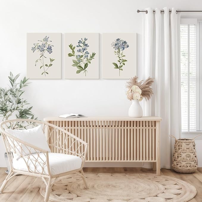 3 Pcs Framed Blue Botanical Canvas Wall Art Vintage Floral Plant Print Posters Rustic Farmhouse Minimalist Flower Decor for Living Room Bedroom 16x24 inch Ready to Hang
