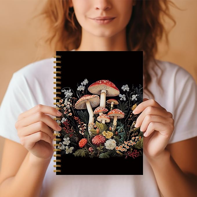 Guymn Dark Floral Mushroom Notebook, Gifts for Mushroom Lovers, Dark Cottagecore Witchy Floral Notebook Journal, Witchy Gifts for Women Hardcover Spiral Notebooks 5.5x8.3 Inch