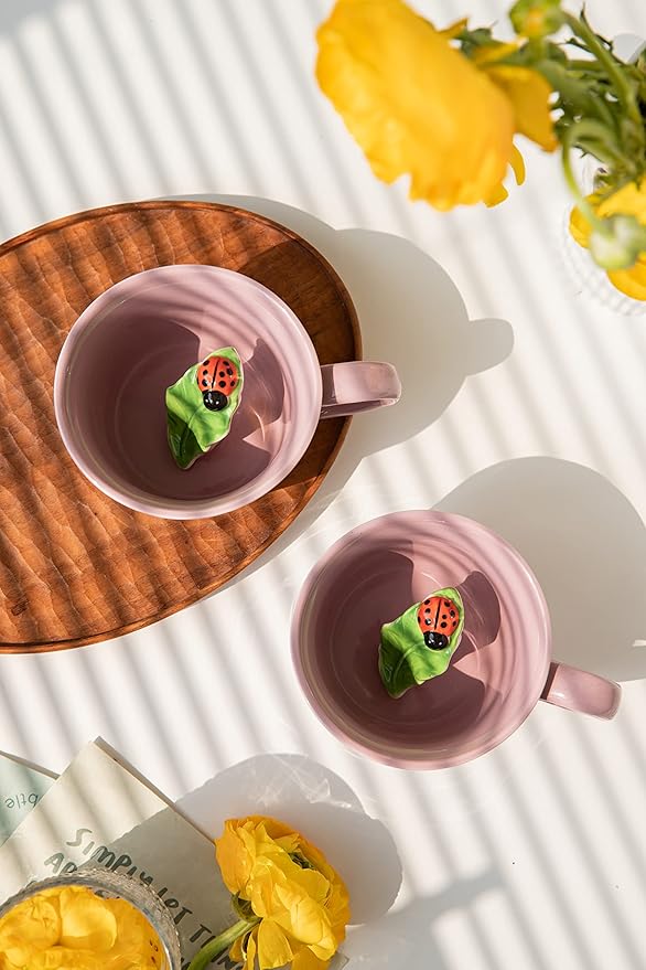 DIHOclub Ceramic Ladybug Cup Hidden 3D Animal Inside Mug，Garden series Handmade Figurine Mugs 12OZ(Pink purple)