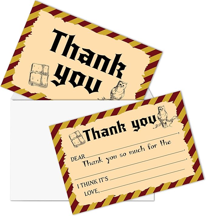 Magic School Kids Thank You Cards, Magical Wizard Thank You Card For Halloween Birthday Party, Kids Birthday Cards Fill In The Blank, 20 Pack Cute Greeting Cards With Envelopes For Boys Girls, 004