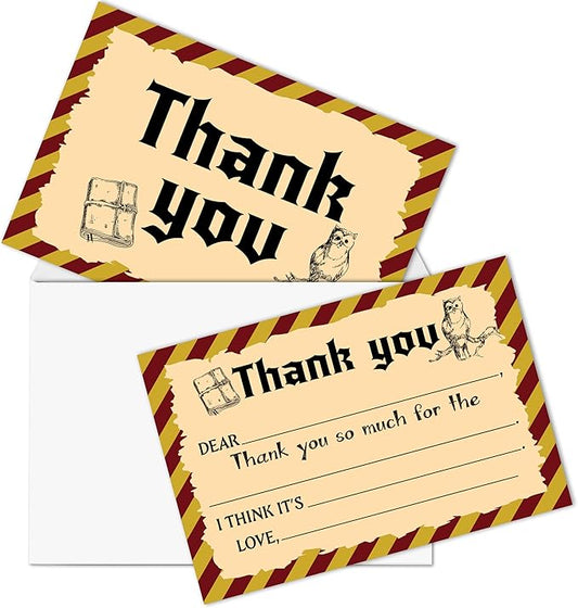 Magic School Kids Thank You Cards, Magical Wizard Thank You Card For Halloween Birthday Party, Kids Birthday Cards Fill In The Blank, 20 Pack Cute Greeting Cards With Envelopes For Boys Girls, 004