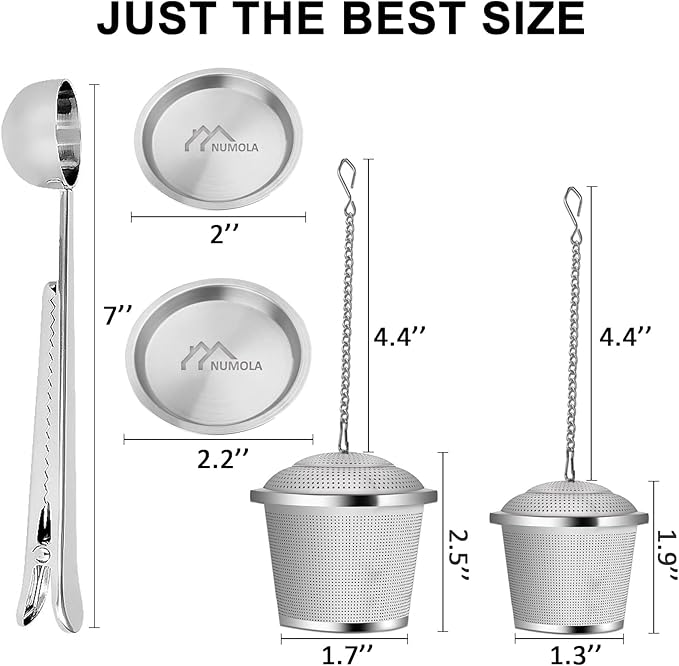 Numola Loose Leaf Tea Infuser Set, Reusable Stainless Steel Tea Balls, Fine Mesh Tea Strainers for Loose Tea with Scoop and Drip Trays, Tea Steeper with Extented Chain Hook for Tea Lovers