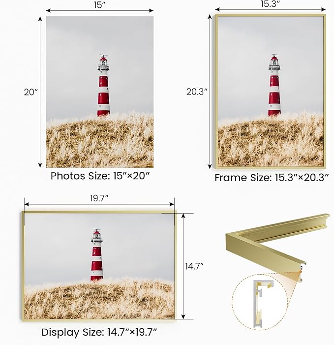 15x20 Aluminum Metal Picture Frame,Tempered Glass Gold Photo Frame 15x20 for Family Photo,Posters,Art,Document to Wall Mount Horizontally or Vertically