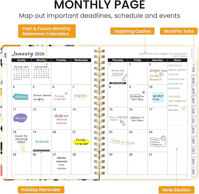 2026 Planner, Monthly and Weekly Calendar Planner for Women, Jan 2026 - Dec 2026, Hardcover Pretty 2026 Agenda Planner Book with Tabs, Spiral Bound, Perfect for School Office Home Supplies, 6.3" x 8.5" - Festive Bows