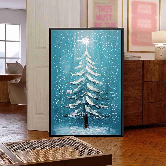 Framed Canvas Wall Art Blue Christmas Tree Print Merry Christmas Wall Decor Holiday Nature Gift Holiday Poster 20x30in Metal blackFramed