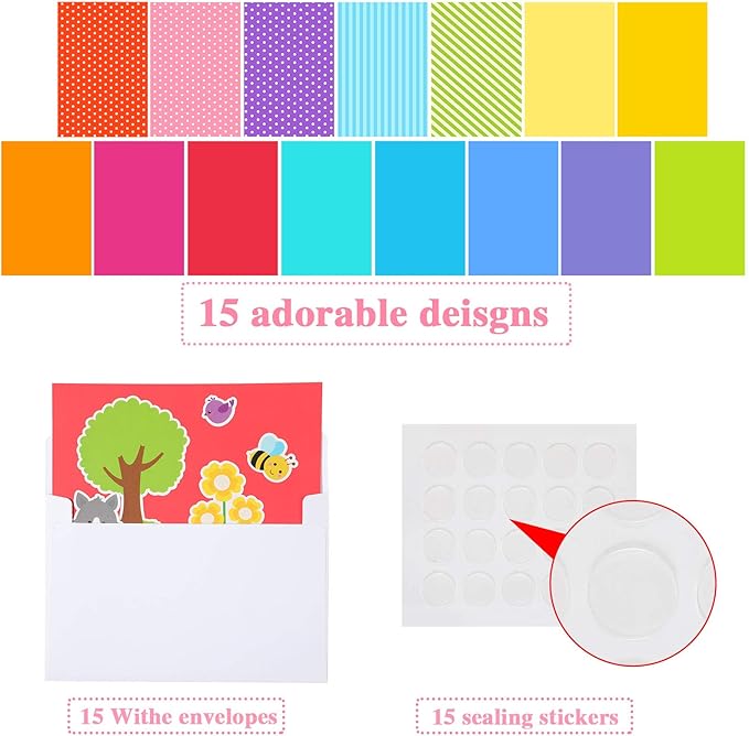 Outus 15 Pcs Greeting Card Making Kits, Including 3 Sheets Stickers, 15 Blank Envelopes and 15 Seal Stickers, Thank You Card Kit for DIY Handmade Making Crafts Supplies
