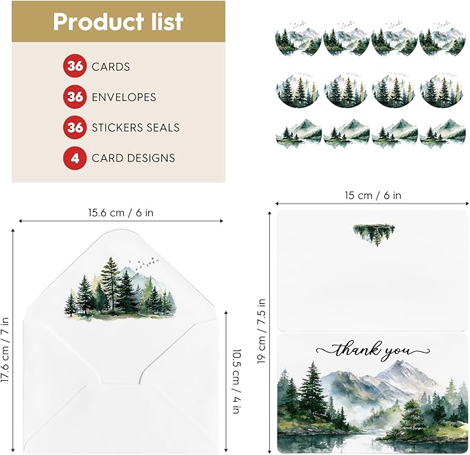 Artoid Mode 36 Pack Bird Tree Mountain Forest Thank You Cards Gift With Envelope Sticker Blank Note Greeting Cards, 4 x 6 Inch