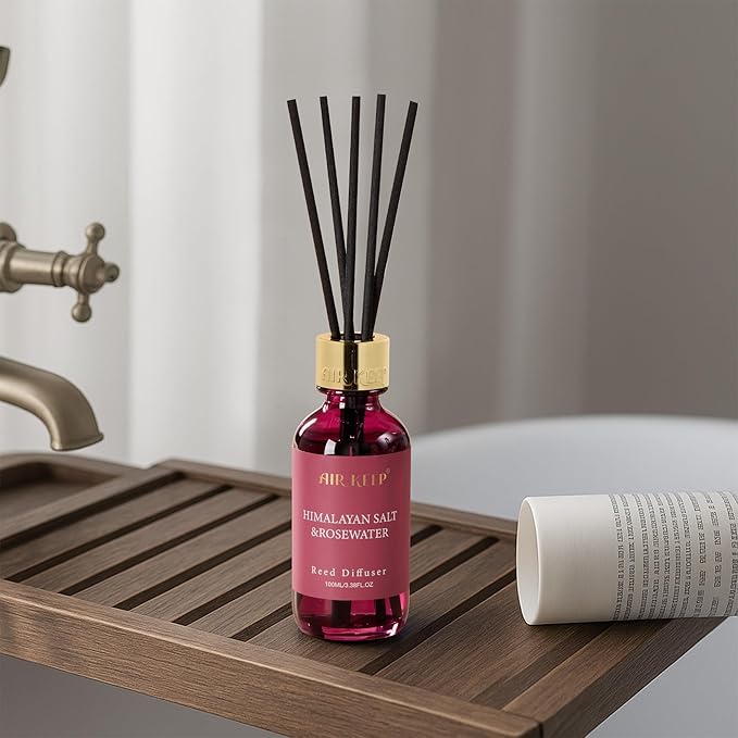 Airkeep Reed Diffuser Set, 3.38 fl oz (100 ml) - Himalayan Sali&Rosewater Oil Diffusers with 8 Reed Sticks, Home Fragrance Reed Diffuser for Bathroom Shelf Decor