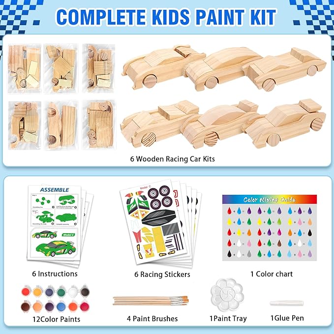 Arts & Crafts Kit DIY Toys for Kids Age 8-12, Build & Paint Your Own Wooden Car, 6 Race Cars, Easy to Assemble Painting Sets, Christmas Birthday Gifts for 4 5 6 7 8 9 10 11 12 Year Old Boys Girls.