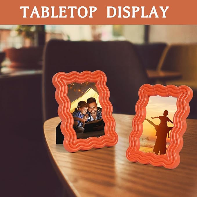 4x6 Picture Frame, Display Pictures 4x6 with Mat, Wavy Edge Wood Photo Frame for Tabletop and Wall Hanging, with Clear Plexiglass for Vertical or Horizontal Display, Orange, 1 Pack