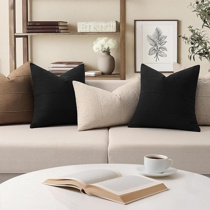ZWJD Decorative Linen Throw Pillow Covers 26x26 Set of 2 Solid Handcrafted Striped Cushion Covers for Bed Soft Modern Farmhouse Neutral Pillowcase for Couch Bedroom Living Room Home Decor(Black)