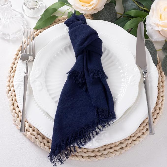 12 Pack Navy Blue Cotton Linen Napkins with Fringe Spring Cloth Napkins Set of 12 Boho Handmade Dinner Napkins Bulk for Wedding Bridal Baby Shower Valentine's Day, 17 x 17 Inches