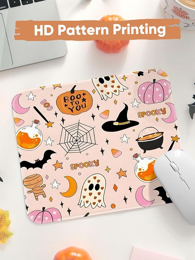 Seorsok Cute Ghost Mouse Mat,Halloween Pumpkin Decor Mouse Pads for Office Laptop,Washable Square Cute Mousepads with Extended Stitched Edges Non Slip Rubber Base 9.5"x7.8"x0.12" Inch,Pink