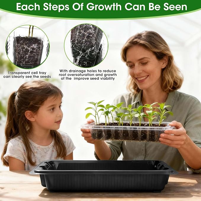MQUPIN Seed Starter Tray with Grow Light 4 LED, 2 Pack/80 Cells Adjustable Brightness Seed Starter Kit,Seedling Starter Kit with Dome and Base for Greenhouse Seeds Growing Starting（Black）