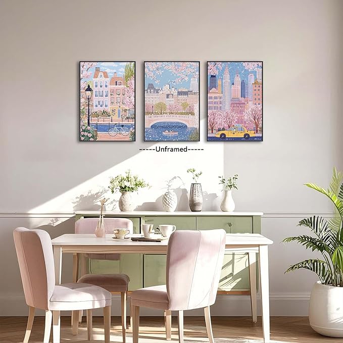 XLARTMY Watercolor City Landscape Travel Wall Art Canvas Framed Pink Cherry Flower Poster Girly Prints Painting Pictures Set of 3 for Bedroom Living Room Office 16x24in Unframed