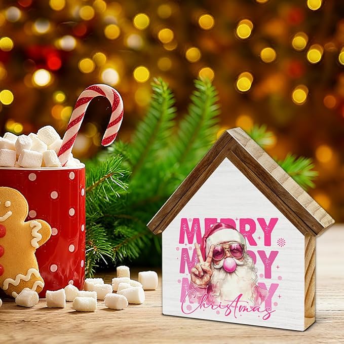 Pink Santa Christmas Decor, Funny Santa Blowing Bubble With Sunglasses House Shaped Wood Sign, Merry Christmas Home Decorations
