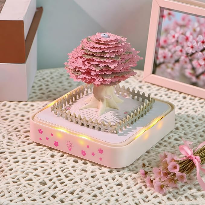 3D Calendar 2026, Cherry Blossom Tree Time Piece Calendar 2026, Daily Tear-Off Memo Pad with LED Glow, Paper Carving Desktop Decoration, Unique Holiday & New Year Paper Craft Gift