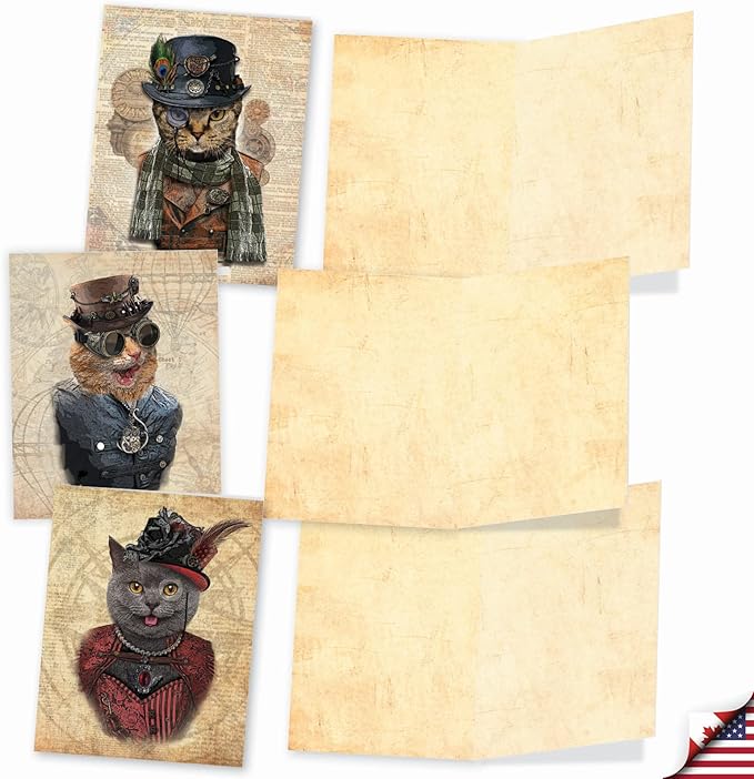 The Best Card Company - 10 Adorable Blank Cat Cards (4 x 5.12 Inch) - Cute Pet Kittens, Assorted Bulk Notecard Set - Steampunk Cats M6554OCB