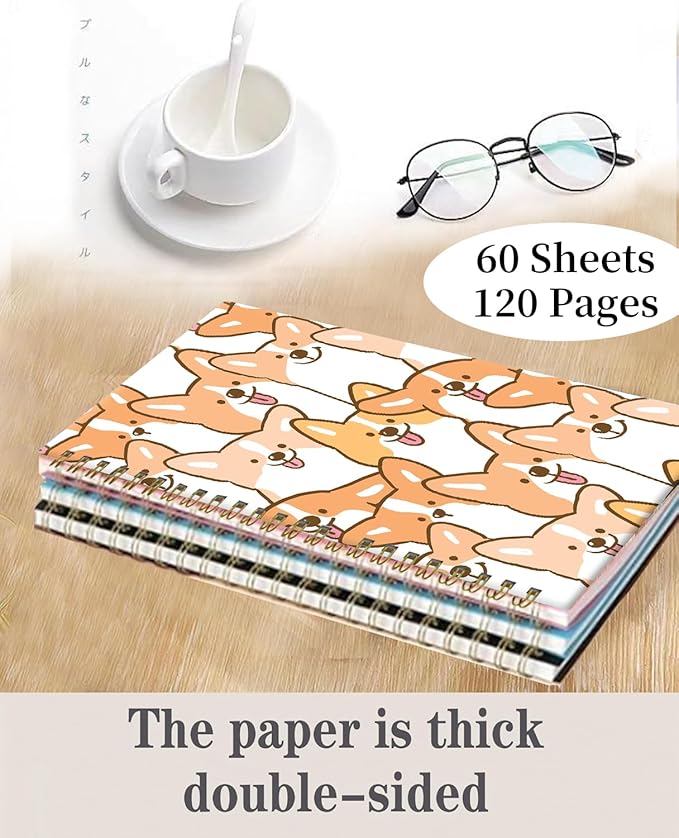 Spiral Journal Notebook,A5 Hardcover Lined Journals for Women 6 x 8.3 in,60 Sheets 120 Pages Thick Paper,Cute College Ruled Writing Notebook for Office Work School(Cartoon Corgi Dog)
