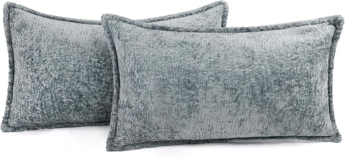 Pack of 2 Dusty Blue Decorative Throw Pillow Covers 12x20 Cozy Soft Chenille Boho Accent Vintage Farmhouse Rectangular Lumbar Couch Pillow Covers for Home Decor Bed Sofa Living Room