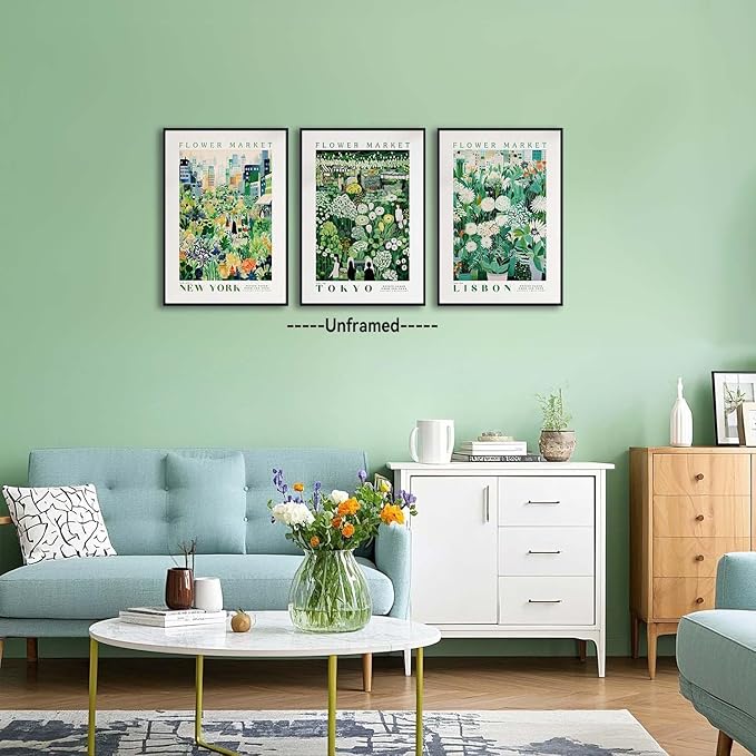 XLARTMY Flower Market Wall Art Prints Canvas Green Yellow White Floral Paintings Colorful Botanical Travel Flower Posters for Home Decor Pictures Set of 3 for Living Room Bedroom 16x24in Unframed