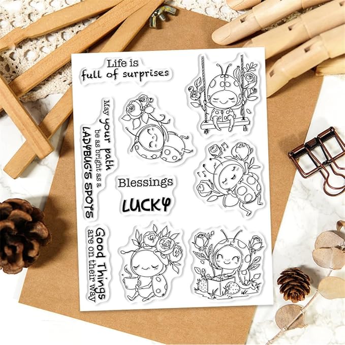 Ladybug Rose Flower Stamps and Cutting Dies for Card Making DIY Transparent Silicone Clear Stamp and Metal Die Cuts Sets for Scrapbooking Paper Greeting Cards Decor Seals Craft Supplies