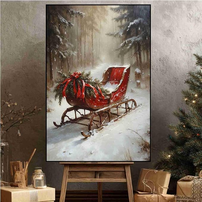 Vintage Christmas Canvas Wall Art Holiday Ride Painting Snowy Woodland Print Classic Sleigh Wall Decor Rustic Landscape Poster Indoor Decor for Offices Living Room Winter Holiday Framed Ready to Hang