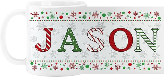 Let's Make Memories Personalized Mug - Festive Ceramic Coffee Mug for Christmas - Stocking Stuffer For Family, Friends, Neighbors - Microwave and Dishwasher Safe - Festive Name - Light - 11 oz.