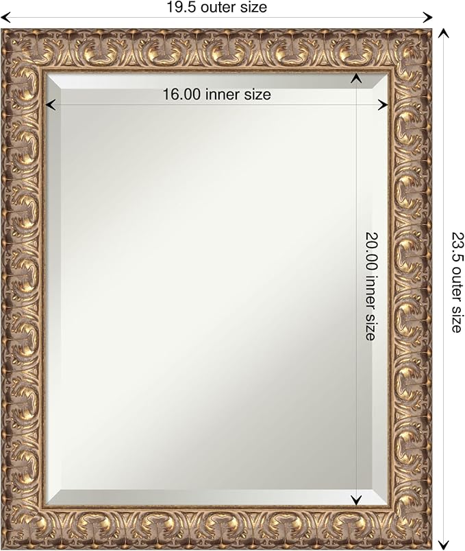 Amanti Art Gold Wall Mirror 23x19 Florentine Gold Rectangle Bathroom Mirror for Wall Decor Living Room, Small Traditional Wood Frame, Hangs Horizonally and Vertically, Bathroom Decor, Beveled Edge
